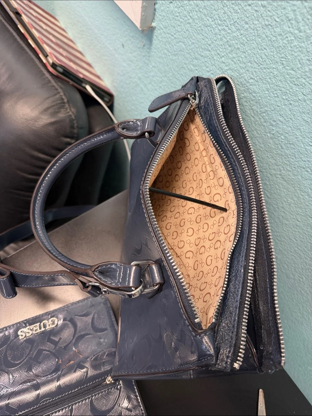 GUESS Navy Embossed Signature Satchel with Matching Wallet